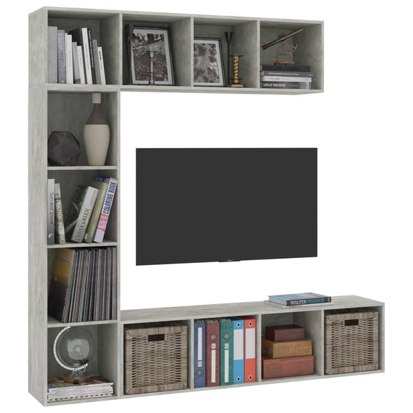 vidaXL 3-Piece Book/TV Cabinet Set Concrete Grey 180x30x180 cm