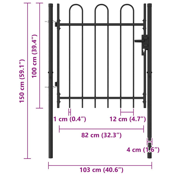 vidaXL Fence Gate BOXTEL Single Door with Arched Top Steel 1 x 1 m Black