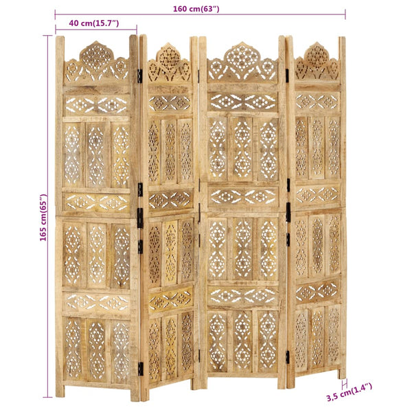 vidaXL 4-Panel Hand-Carved Room Divider 160x165 cm Solid Mango Wood