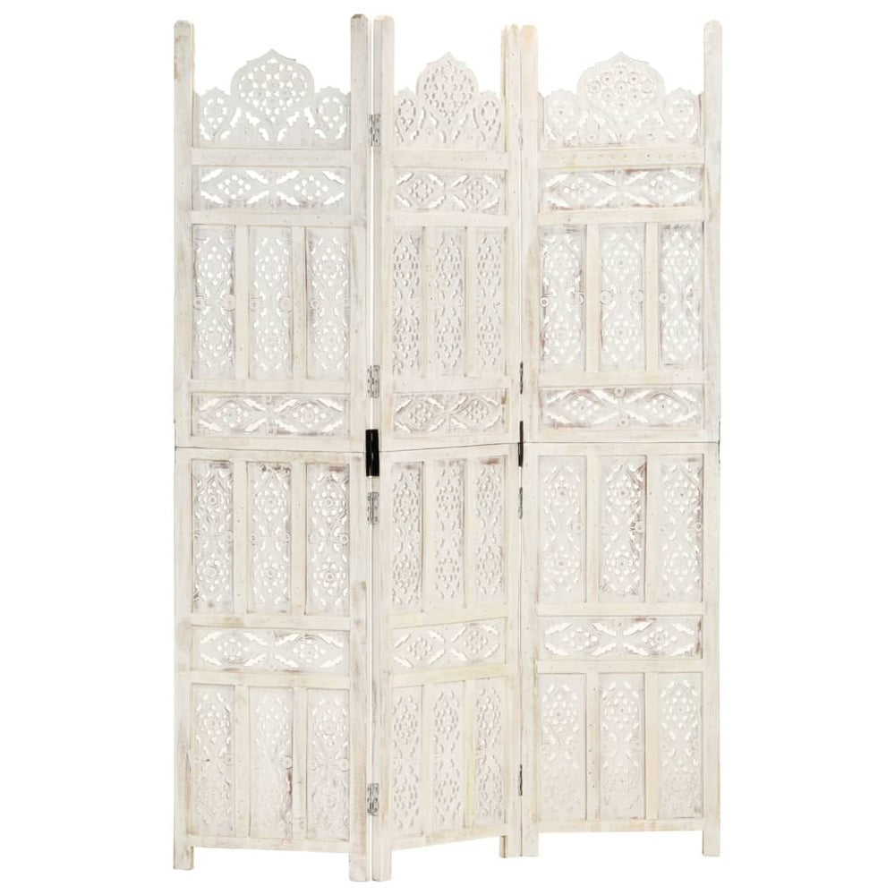 vidaXL 3-Panel Room Divider Hand-Carved White 120×165cm Solid Mango Wood