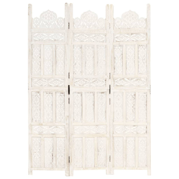 vidaXL 3-Panel Room Divider Hand-Carved White 120×165cm Solid Mango Wood
