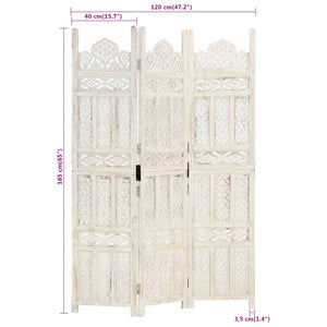 vidaXL 3-Panel Room Divider Hand-Carved White 120×165cm Solid Mango Wood