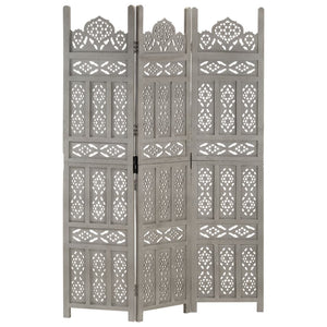vidaXL 3-Panel Hand-Carved Room Divider Grey 120×165cm Solid Mango Wood