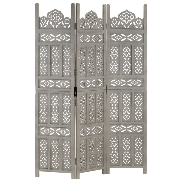 vidaXL 3-Panel Hand-Carved Room Divider Grey 120×165cm Solid Mango Wood