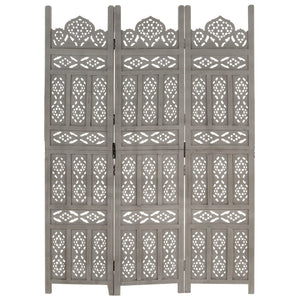 vidaXL 3-Panel Hand-Carved Room Divider Grey 120×165cm Solid Mango Wood