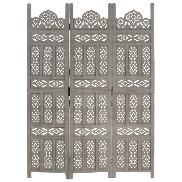 vidaXL 3-Panel Hand-Carved Room Divider Grey 120×165cm Solid Mango Wood