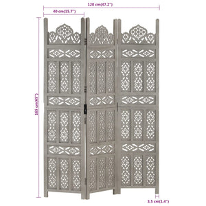 vidaXL 3-Panel Hand-Carved Room Divider Grey 120×165cm Solid Mango Wood