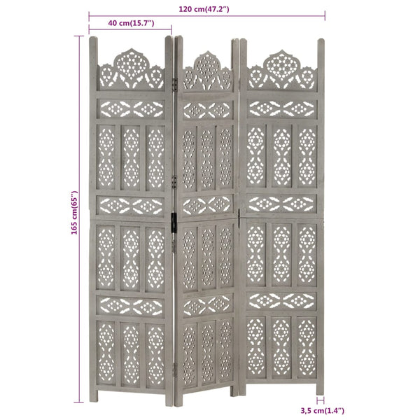 vidaXL 3-Panel Hand-Carved Room Divider Grey 120×165cm Solid Mango Wood