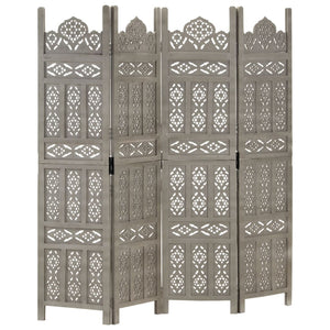 vidaXL 4-Panel Hand-Carved Room Divider Grey 160x165 cm Mango Wood