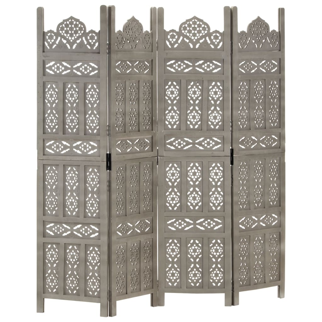 vidaXL 4-Panel Hand-Carved Room Divider Grey 160x165 cm Mango Wood