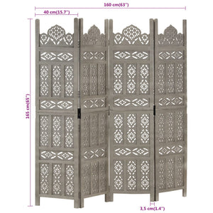 vidaXL 4-Panel Hand-Carved Room Divider Grey 160x165 cm Mango Wood