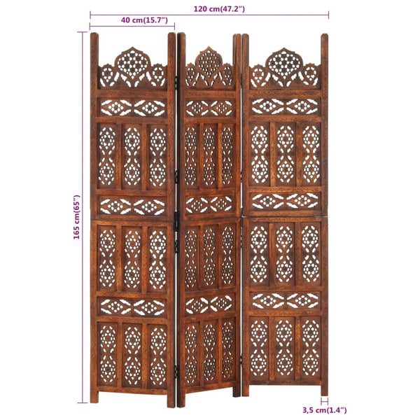 vidaXL 3-Panel Hand-Carved Room Divider Brown 120×165 cm Mango Wood