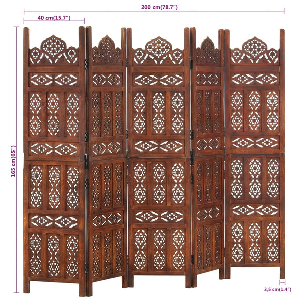vidaXL 5-Panel Hand-Carved Room Divider Brown 200×165 cm Mango Wood