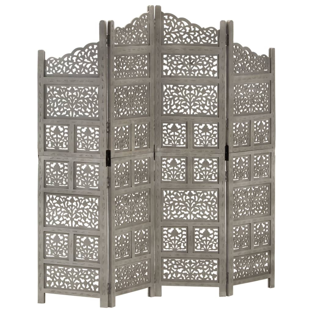 vidaXL 4-Panel Hand-Carved Room Divider Grey 160x165 cm Mango Wood