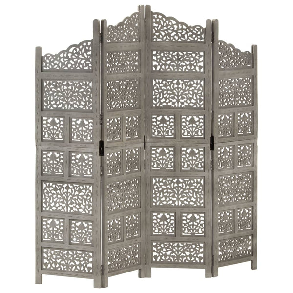 vidaXL 4-Panel Hand-Carved Room Divider Grey 160x165 cm Mango Wood