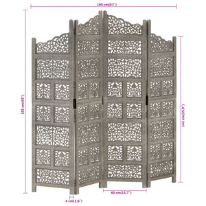 vidaXL 4-Panel Hand-Carved Room Divider Grey 160x165 cm Mango Wood
