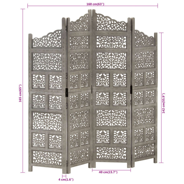 vidaXL 4-Panel Hand-Carved Room Divider Grey 160x165 cm Mango Wood