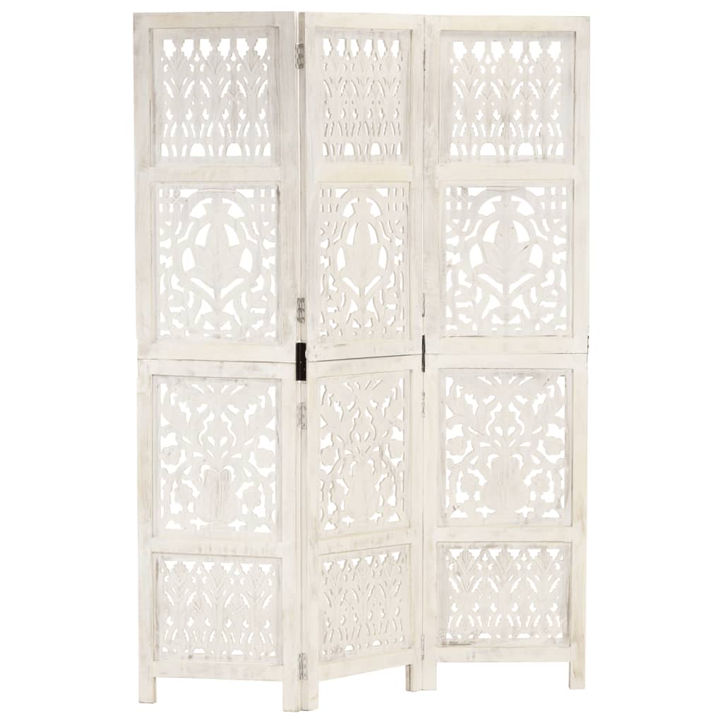 vidaXL 3-Panel Room Divider Hand-Carved White 120×165cm Solid Mango Wood