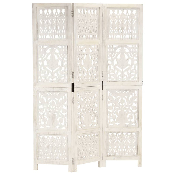 vidaXL 3-Panel Room Divider Hand-Carved White 120×165cm Solid Mango Wood
