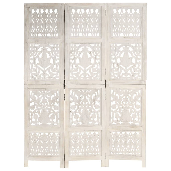 vidaXL 3-Panel Room Divider Hand-Carved White 120×165cm Solid Mango Wood