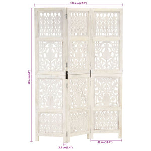 vidaXL 3-Panel Room Divider Hand-Carved White 120×165cm Solid Mango Wood
