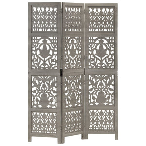 vidaXL 3-Panel Hand-Carved Room Divider Grey 120×165cm Solid Mango Wood