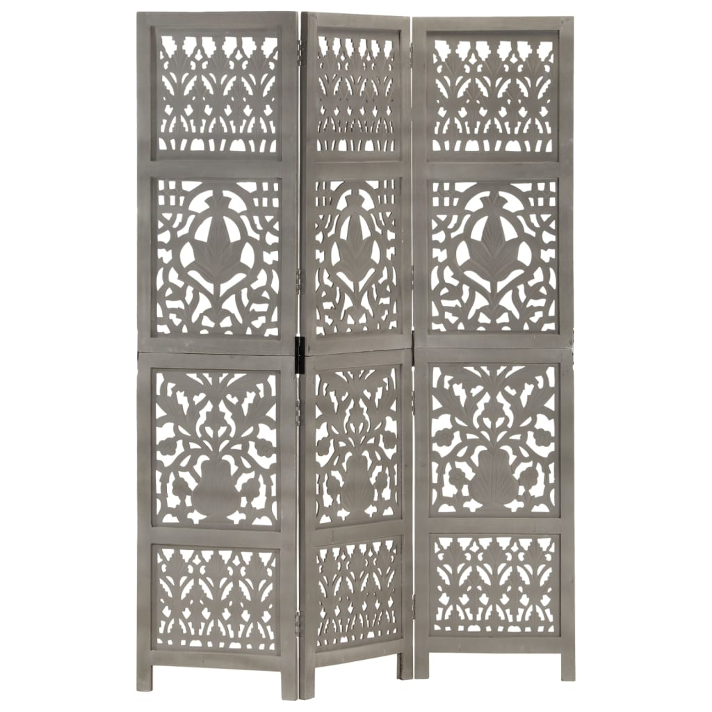 vidaXL 3-Panel Hand-Carved Room Divider Grey 120×165cm Solid Mango Wood