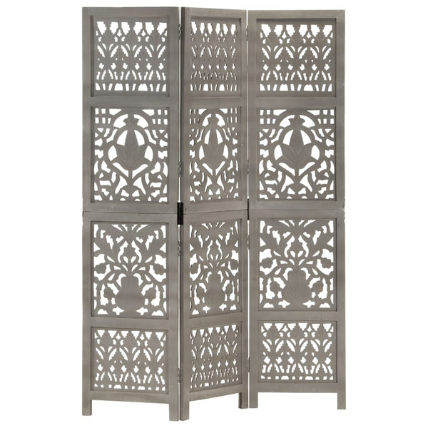 vidaXL 3-Panel Hand-Carved Room Divider Grey 120×165cm Solid Mango Wood