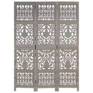 vidaXL 3-Panel Hand-Carved Room Divider Grey 120×165cm Solid Mango Wood