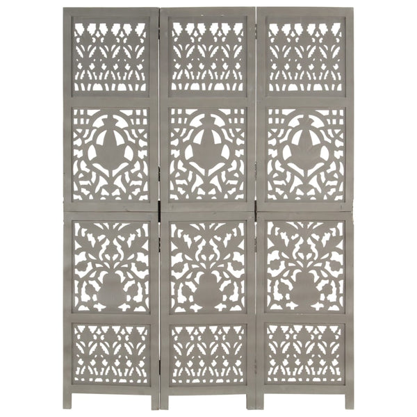 vidaXL 3-Panel Hand-Carved Room Divider Grey 120×165cm Solid Mango Wood