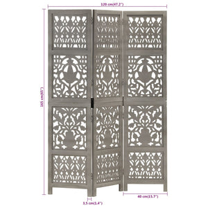 vidaXL 3-Panel Hand-Carved Room Divider Grey 120×165cm Solid Mango Wood