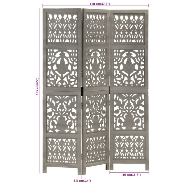 vidaXL 3-Panel Hand-Carved Room Divider Grey 120×165cm Solid Mango Wood
