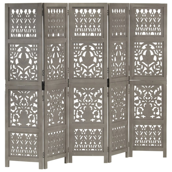 vidaXL 5-Panel Room Divider Hand-Carved Grey 200x165cm Solid Mango Wood