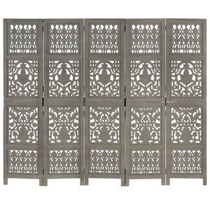 vidaXL 5-Panel Room Divider Hand-Carved Grey 200x165cm Solid Mango Wood