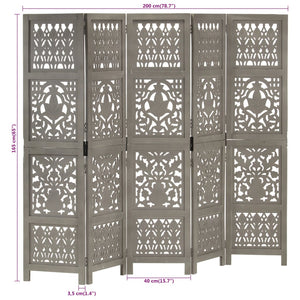 vidaXL 5-Panel Room Divider Hand-Carved Grey 200x165cm Solid Mango Wood