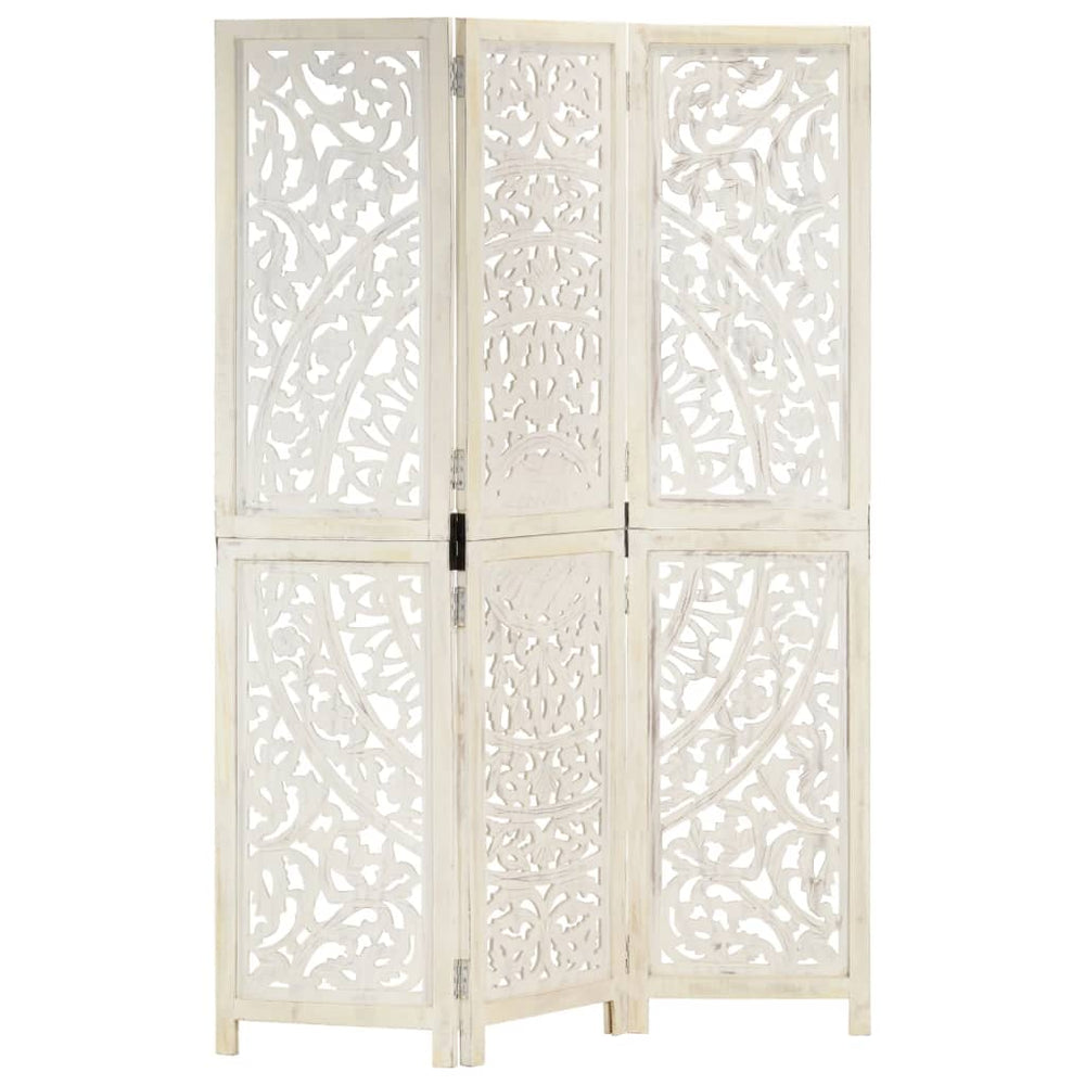 vidaXL 3-Panel Room Divider Hand-Carved White 120×165cm Solid Mango Wood