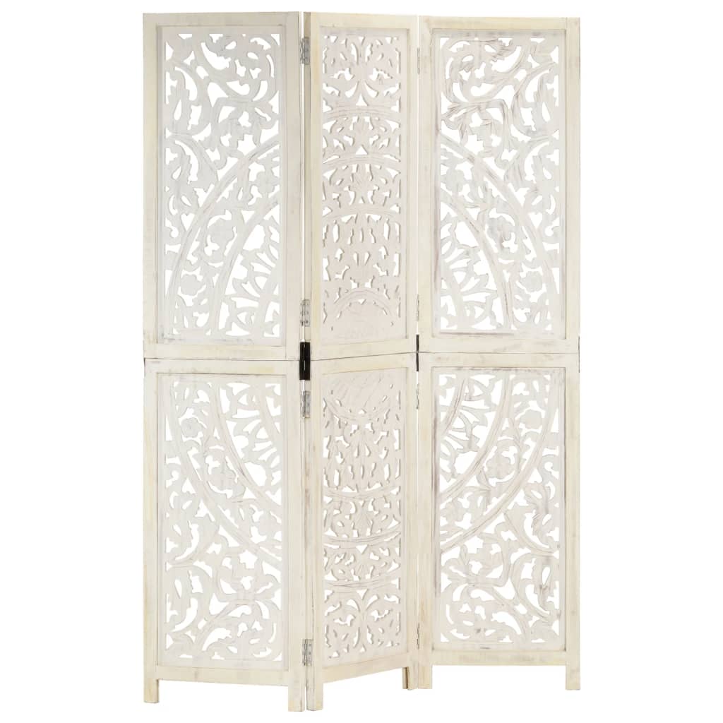 vidaXL 3-Panel Room Divider Hand-Carved White 120×165cm Solid Mango Wood
