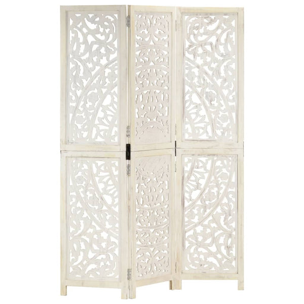 vidaXL 3-Panel Room Divider Hand-Carved White 120×165cm Solid Mango Wood