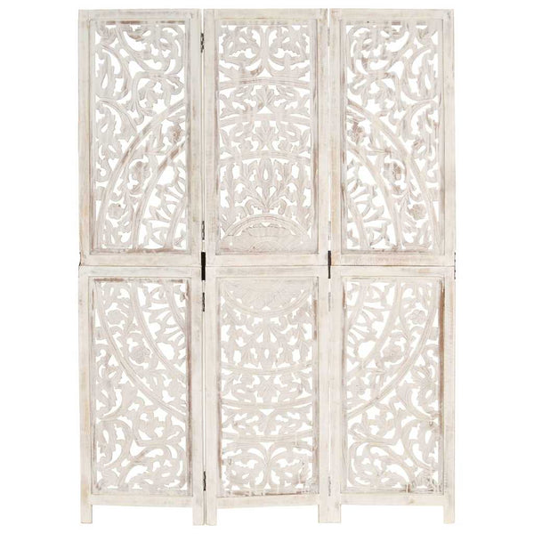 vidaXL 3-Panel Room Divider Hand-Carved White 120×165cm Solid Mango Wood