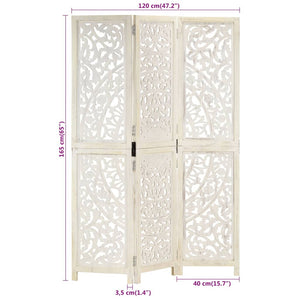 vidaXL 3-Panel Room Divider Hand-Carved White 120×165cm Solid Mango Wood