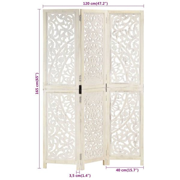 vidaXL 3-Panel Room Divider Hand-Carved White 120×165cm Solid Mango Wood