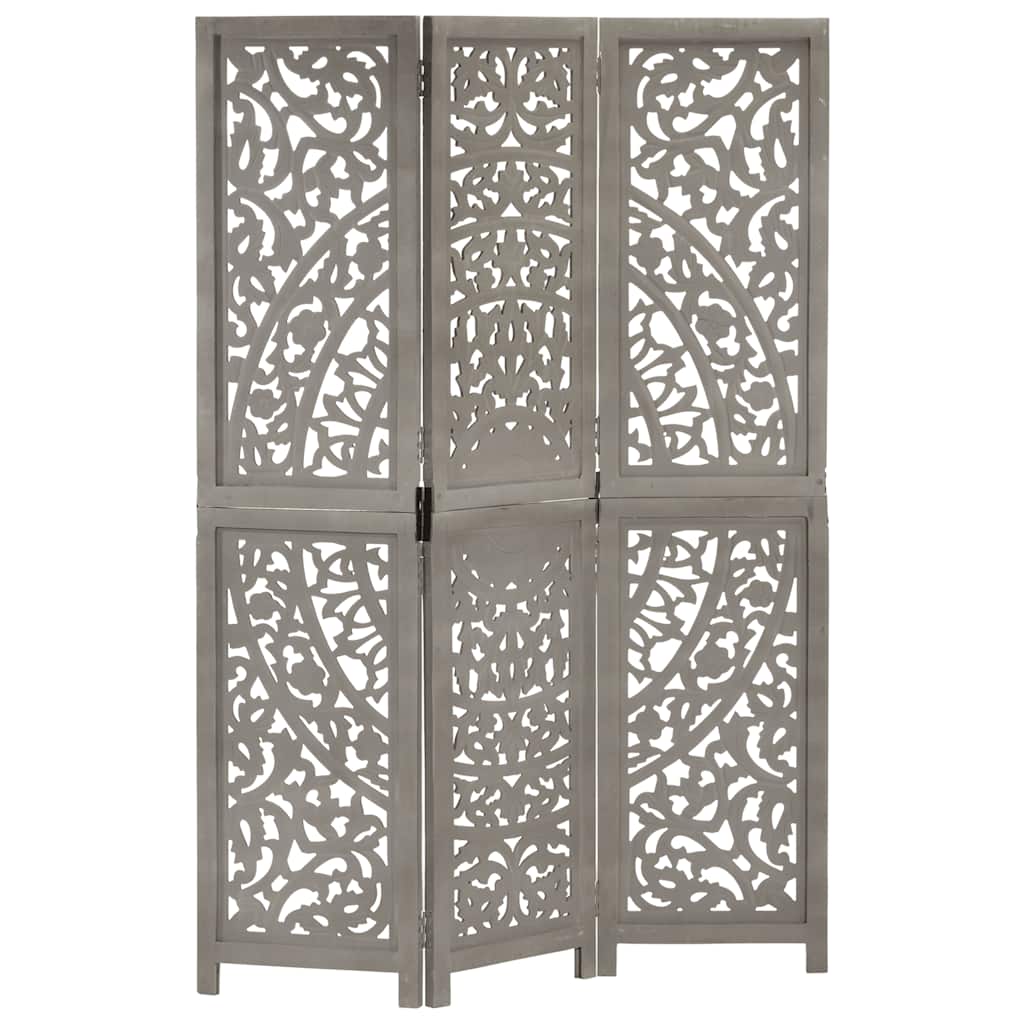 vidaXL 3-Panel Hand-Carved Room Divider Grey 120×165cm Solid Mango Wood