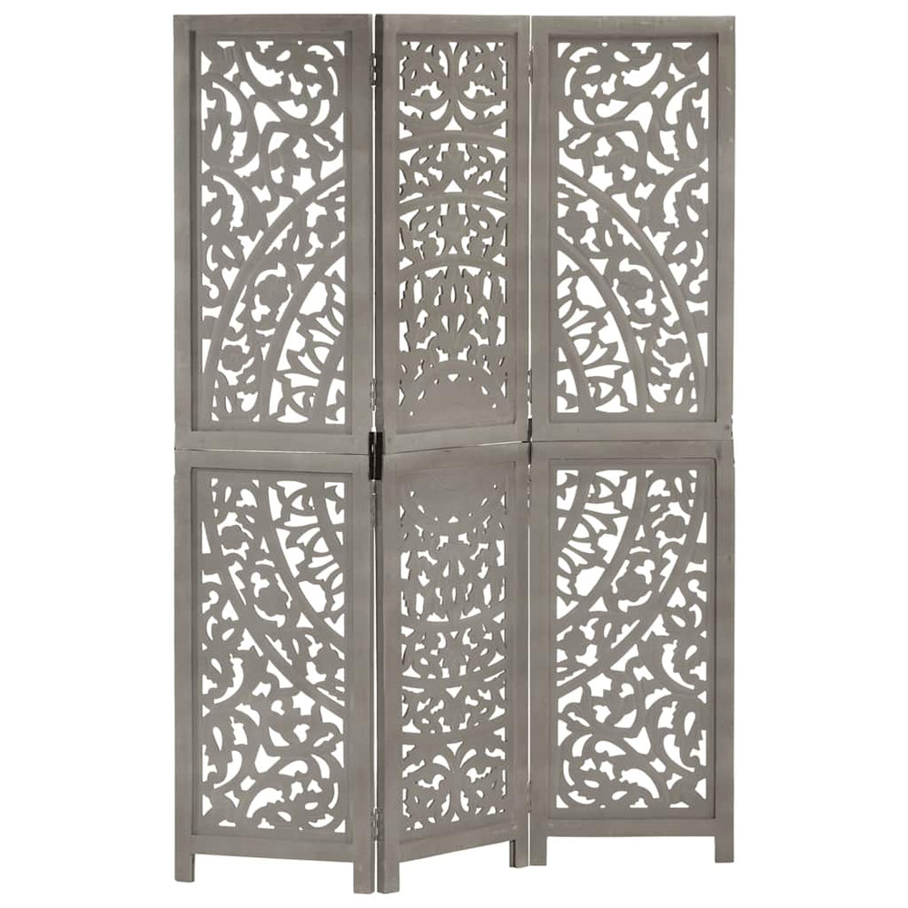 vidaXL 3-Panel Hand-Carved Room Divider Grey 120×165cm Solid Mango Wood