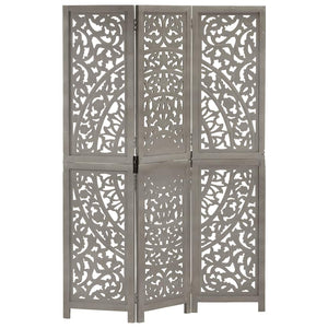 vidaXL 3-Panel Hand-Carved Room Divider Grey 120×165cm Solid Mango Wood