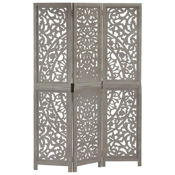 vidaXL 3-Panel Hand-Carved Room Divider Grey 120×165cm Solid Mango Wood