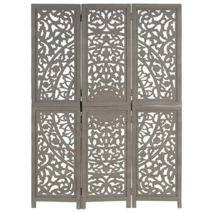 vidaXL 3-Panel Hand-Carved Room Divider Grey 120×165cm Solid Mango Wood