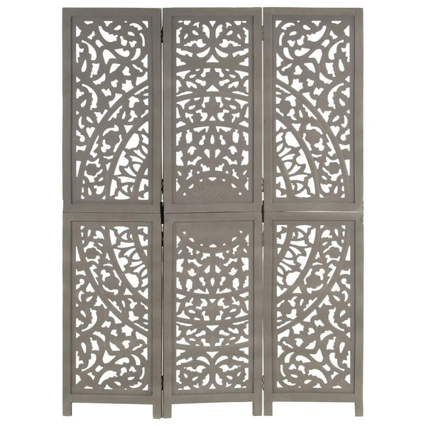 vidaXL 3-Panel Hand-Carved Room Divider Grey 120×165cm Solid Mango Wood