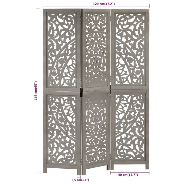 vidaXL 3-Panel Hand-Carved Room Divider Grey 120×165cm Solid Mango Wood