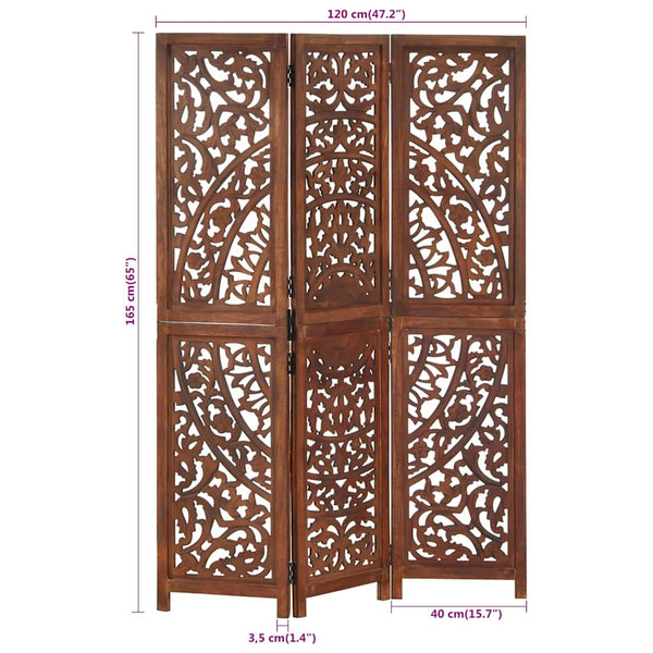 vidaXL 3-Panel Hand-Carved Room Divider Brown 120×165 cm Mango Wood