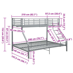 vidaXL Bunk Bed Frame Grey Metal 140x200 cm/90x200 cm
